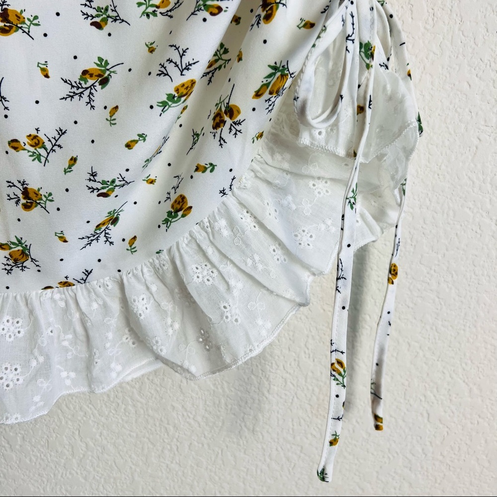 White & Yellow Ditsy Floral Side Ruched Embroidered Ruffle Trim Mini Skirt - Picture 4 of 5